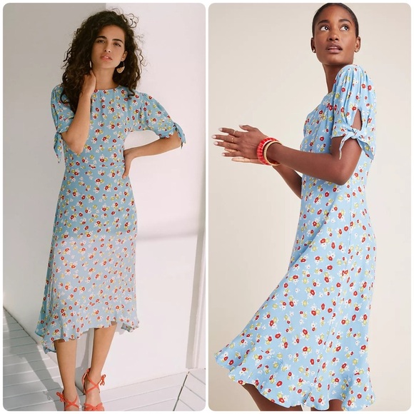 FAITHFUL THE BRAND Dainty Cottagecore Floral Light Blue Flowy Midi Dress Size 2 - Picture 2 of 11